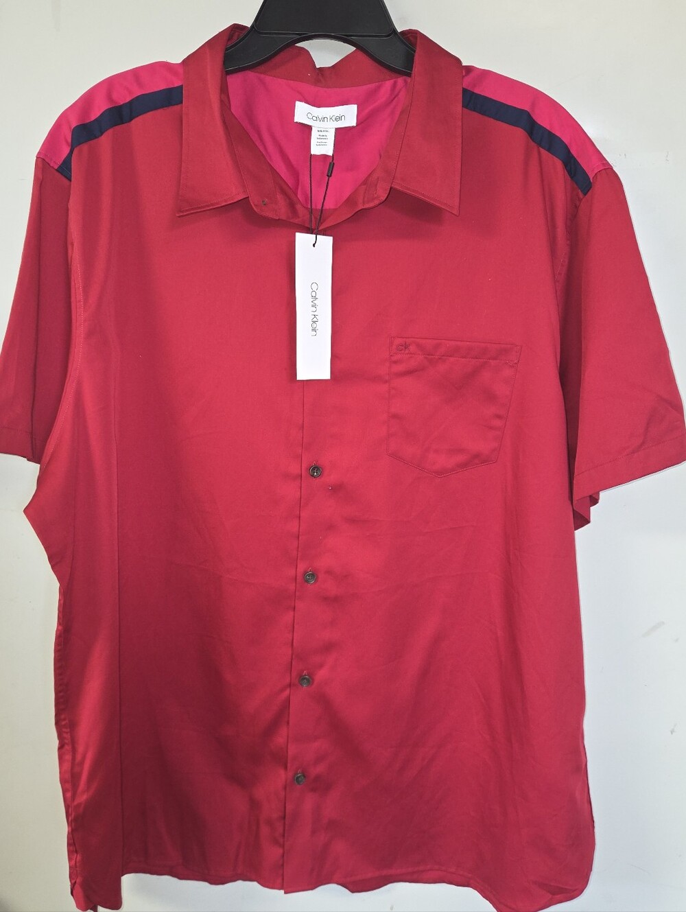 Calvin Klein Red Short-Sleeve Button-Down Shirt with Pink Shoulder Accents
